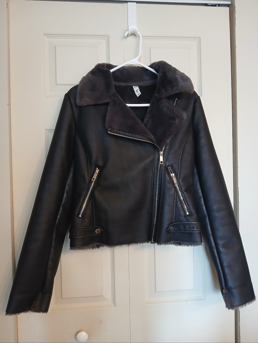 Mango Black Faux Leather Moto Jacket with Dark Shearling Collar